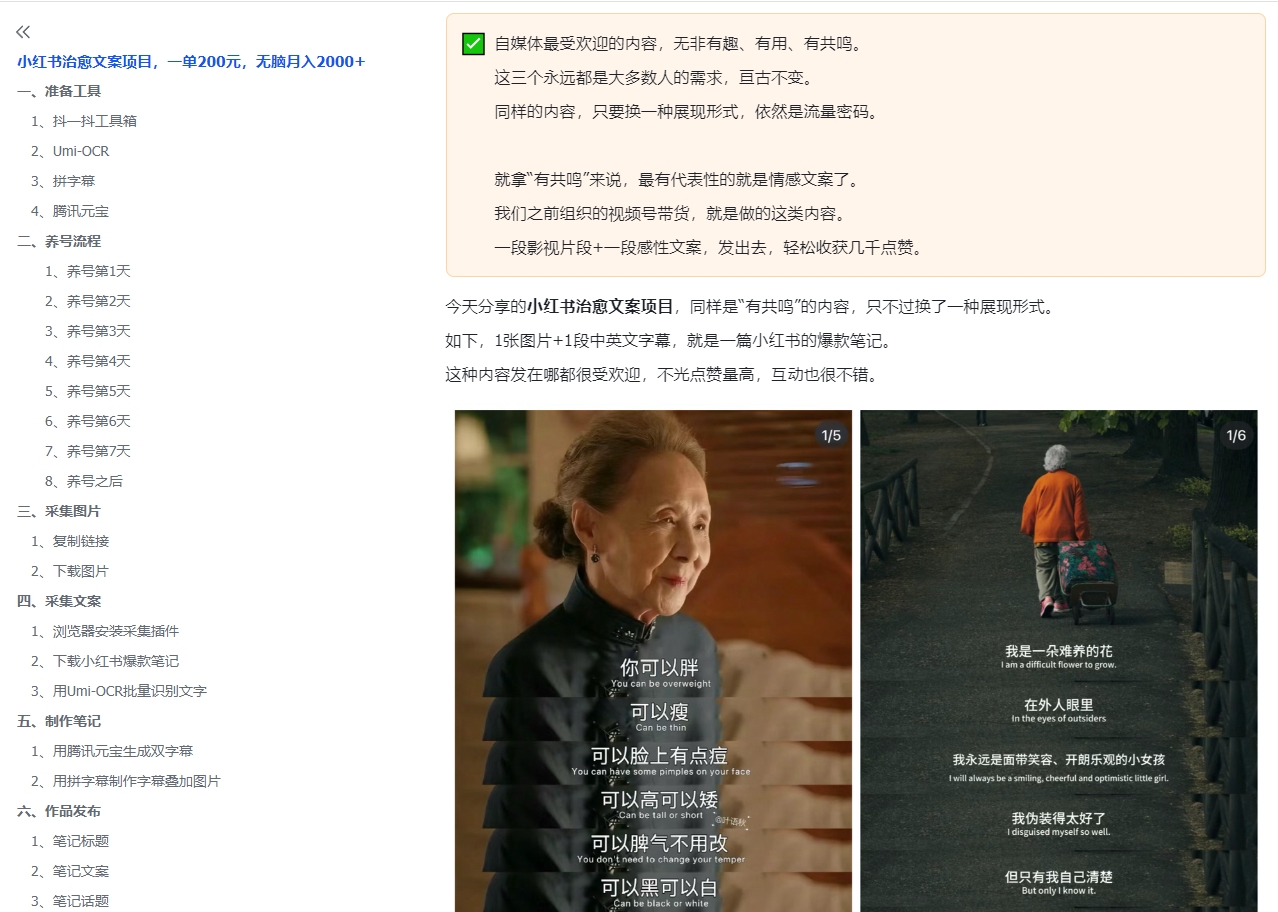小红书治愈文案项目，一单200元，无脑月入2000+