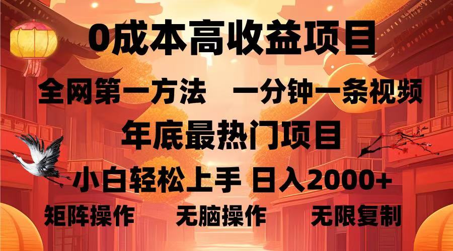 0成本高收益蓝海项目,一分钟一条视频,年底最热项目,小白轻松日入2000+