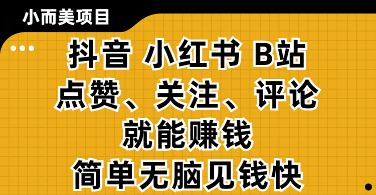 小而美的项目，抖音、小红书、B站视频点赞、关注、评论就能赚钱，简单无脑立见收益!妥妥的零撸项目