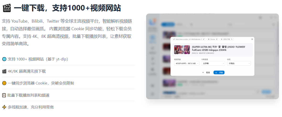 支持1000+视频网站,4K/8K超高清下载,零门槛上手!视频创作者的全能工作站