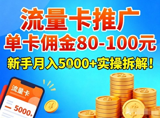 流量卡推广，单卡佣金80-100，新手月入5k+实操拆解！