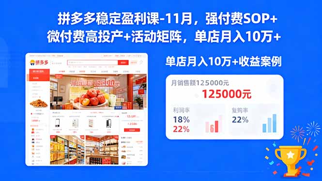拼多多稳定盈利课-11月,强付费SOP+微付费高投产+活动矩阵,单店月入10w+
