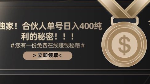合伙人广告撸金最新玩法，每天单号400纯利