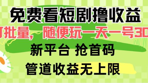 免费看短剧撸收益,可挂机批量,随便玩一天一号30+做推广抢首码,管道收益