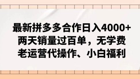 最新拼多多合作日入4000+两天销量过百单,无学费、老运营代操作、小白福利