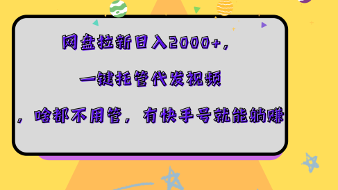 网盘拉新日入2000+，一键托管代发视频，啥都不用管，有快手号就能躺赚