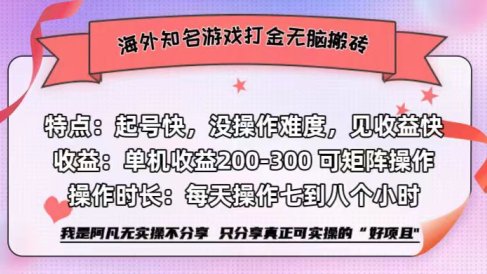 海外知名游戏打金无脑搬砖单机收益200-300+ 即做!即赚!当天见收益!