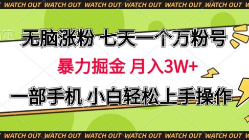 无脑涨粉 七天一个万粉号 暴力掘金 月入三万+，一部手机小白轻松上手操作