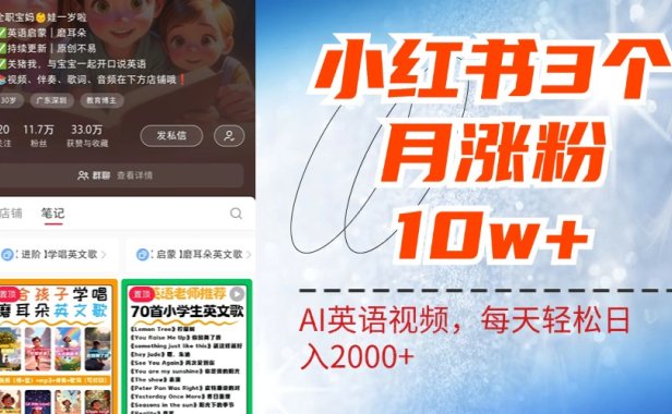 小红书三个月涨粉10W！AI英语视频0成本制作，每天轻松日入2000+