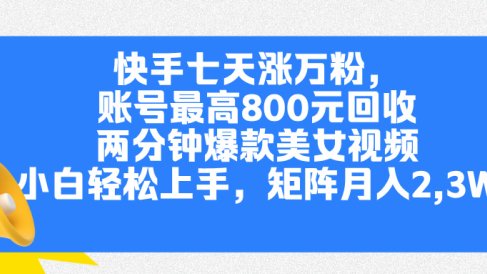 快手七天涨万粉,但账号最高800元回收。两分钟一个爆款美女视频,小白秒上手