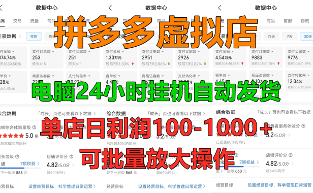 拼多多虚拟店，24小时挂机发货，单店日入100-1000+，可批量放大操作，新手首选项目。