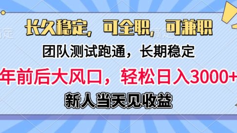 日入3000+,团队测试跑通,长久稳定,新手当天变现,可全职,可兼职