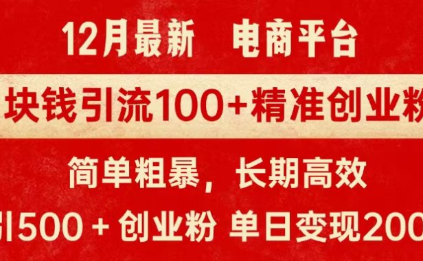 拼多多淘宝电商平台1块钱引流100个精准创业粉，简单粗暴高效长期精准，单人单日引流500+创业粉，日变现2000+