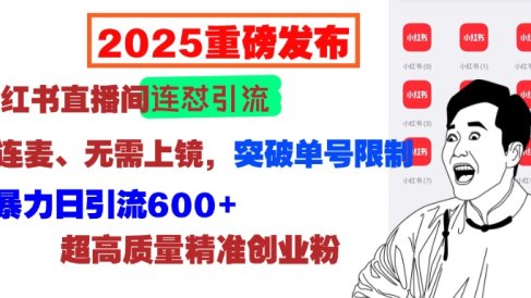 2025重磅发布:小红书直播间连怼引流,无需连麦、无需上镜,突破单号限制,暴力日引流600+超高质量精准创业粉