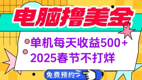电脑撸美金单机每天收益500+,2025春节不打烊