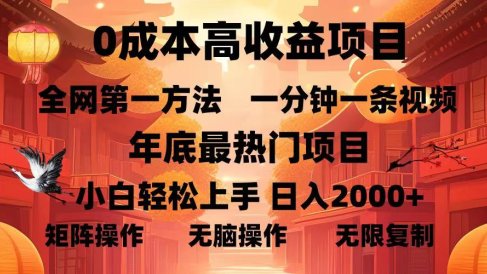0成本高收益蓝海项目,一分钟一条视频,年底最热项目,小白轻松日入2000+