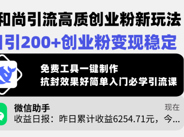 小和尚引流高质创业粉新玩法,日引200+创业粉变现稳定,免费工具一键制作,抗封效果好简单入门必学引流课