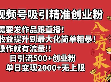 视频号吸引精准创业粉!不需要发作品跟直播!把收益提升到最大化,简单粗暴!有操作就有流量!日引500+创业粉,单日变现2000+无上限