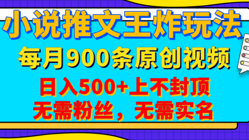 小说推文王炸玩法,一键代发,每月最多领900条原创视频,播放量收益日入500+上不封顶,无需粉丝,无需实名