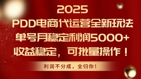2025 PDD电商代运营全新玩法，单号月稳定利润5000+，收益稳定，可批量操作！