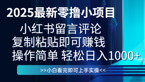 最新零撸小项目，小红书留言评论，复制粘贴即可赚钱，一条0.5，一天1000+