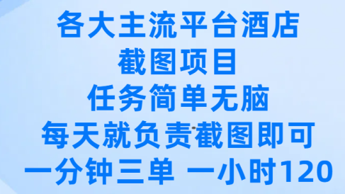 各大主流平台酒店截图项目,任务简单无脑,每天就负责截图即可,一分钟三单 ,一小时可以做120