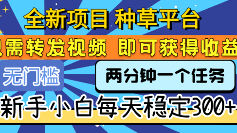 全新项目 种草平台 只需要转发任务视频 即可获得收益 新手小白每天稳定300+
