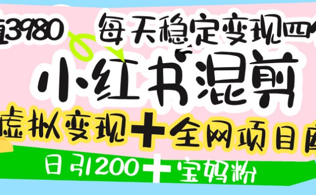 价值3980的小红书混剪， 虚拟变现 ＋全网项目库 ， 日引200+宝妈创业粉，每天稳定四位数变现