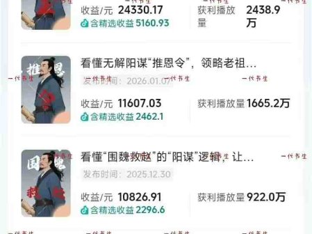 抖音300w粉丝博主的政史类科普视频教学，有大流量扶持，拿伙伴伙伴+精选独家双份收益