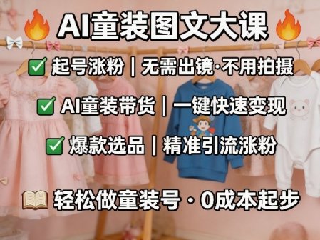 AI童装图文剪辑，某社群童装图文大课，起号涨粉、AI童装带货、爆款选品，无需出镜和拍摄