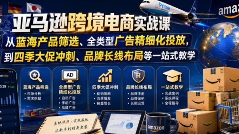亚马逊跨境电商实战课,从蓝海产品筛选、全类型广告精细化投放,到四季大促冲刺、品牌长线布局等一站式教学
