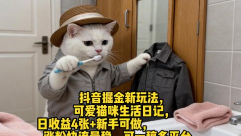 抖音掘金新玩法，可爱猫咪生活日记，日收益4张+新手可做，涨粉快流量稳，可一稿多平台