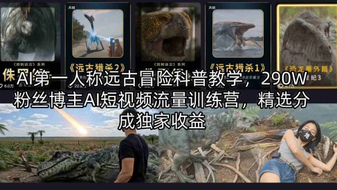 AI第一人称远古冒险科普教学，290W粉丝博主AI短视频流量训练营，精选分成独家收益