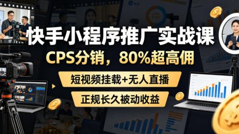 快手小程序推广实战课，CPS分销，80%超高佣，短视频挂载+无人直播，正规长久被动收益