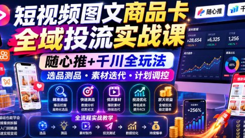 短视频图文商品卡全域投流实战课，随心推+千川全玩法，选品测品・素材迭代・计划调控，提升ROI爆单增收教程