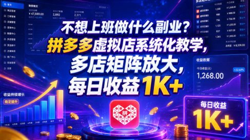 不想上班做什么副业?拼多多虚拟店系统化教学,多店矩阵放大,每日收益1K+【揭秘】