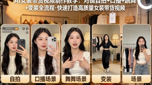 AI女装带货视频制作教学，对镜自拍、口播、跳舞、变装全流程，快速打造高质量女装带货视频