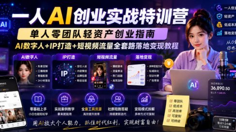 一人AI创业实战特训营,单人零团队轻资产创业指南,AI数字人+IP打造+短视频流量全套路落地变现教程