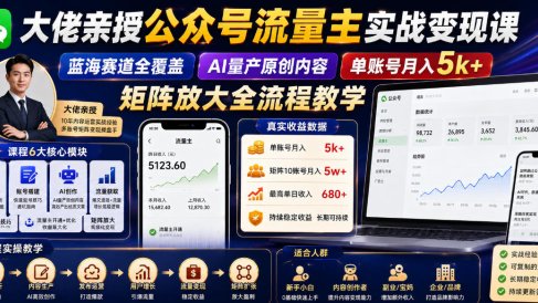 大佬亲授公众号流量主实战变现课,蓝海赛道全覆盖,AI量产原创内容,单账号月入5k+矩阵放大全流程教学