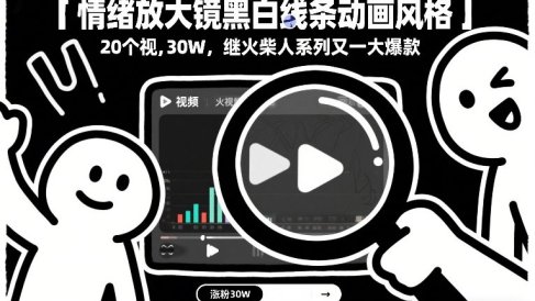 情绪放大镜黑白线条动画风格,20个视频,涨粉30W,继火柴人系列又一大爆款
