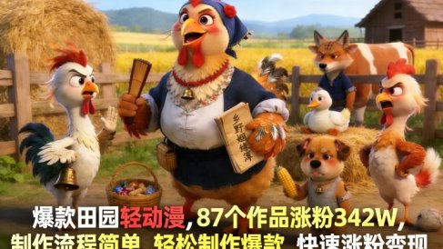 爆款田园轻动漫，87个作品涨粉342W，制作流程简单，轻松制作爆款，快速涨粉变现