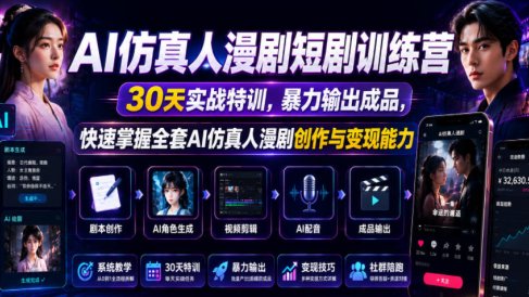 AI仿真人漫剧短剧训练营,30天实战特训,暴力输出成品,快速掌握全套AI仿真人漫剧创作与变现能力