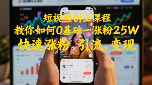 短视频创业课程,教你如何0基础一天涨粉25W,快速涨粉、引流、变现