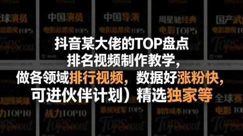 抖音某大佬的TOP盘点排名视频制作，做各领域排行视频，数据好涨粉快，可进伙伴计划＋精选独家等