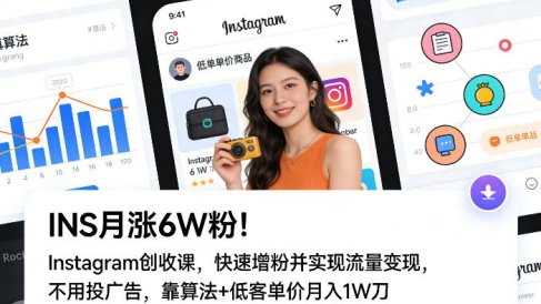 INS月涨6W粉!Instagram创收课,快速增粉并实现流量变现,不用用投广告,靠算法+低客单价月入1W刀