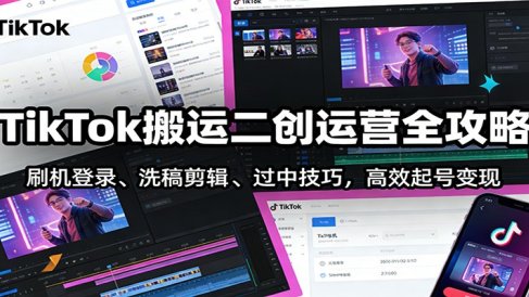 TikTok搬运二创运营全攻略:刷机登录、洗稿剪辑 、过中技巧,高效起号变现