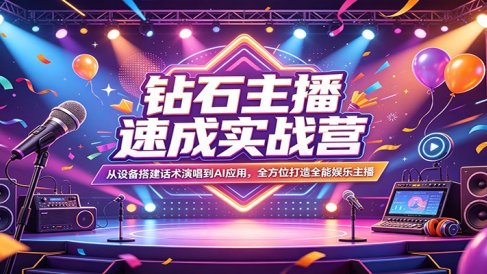 钻石主播速成实战营：从设备搭建话术演唱到AI应用，全方位打造全能娱乐主播