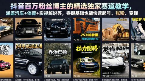 抖音百万粉丝博主的精选独家赛道教学,涵盖汽车+体育+影视解说等,零基础也能快速起号、涨粉、变现