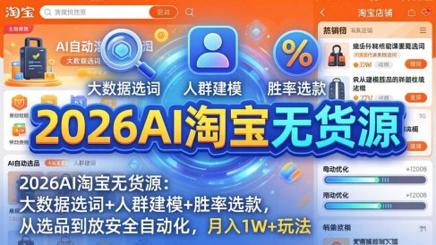 2026AI淘宝无货源:大数据选词+人群建模+胜率选款,从选品到放大全自动化,月入1W+玩法