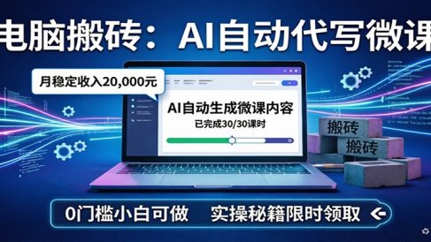 电脑搬砖AI自动代写微课，月稳定2W，0门槛小白可做，实操秘籍